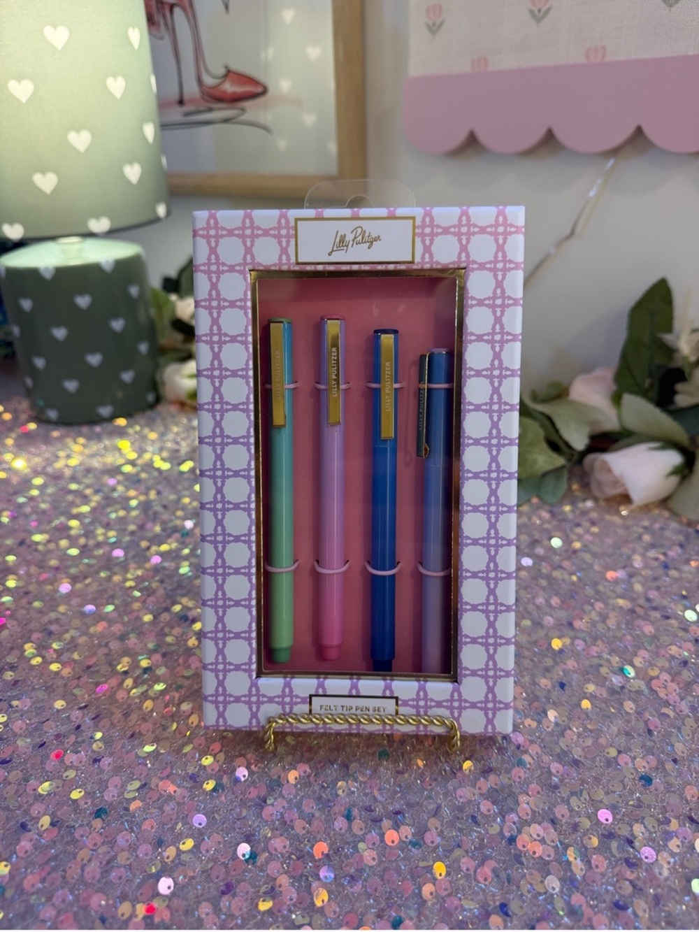 NWT Lilly Pulitzer Ombre Felt Tip Pen Set of 4 Pastel Colors • Gold Clips